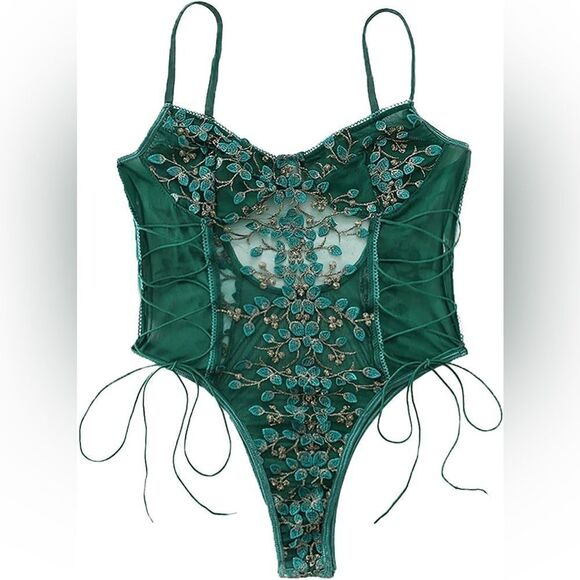 Mesh Sheer Lace-Up Embroidered Teddy Lingerie Snap Crotch Bodysuit - Picture 2 of 14